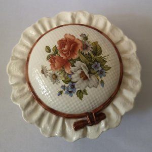Vintage Needlepoint Inspired Ceramic Hand-painted Vanity or Trinket Dish with Li
